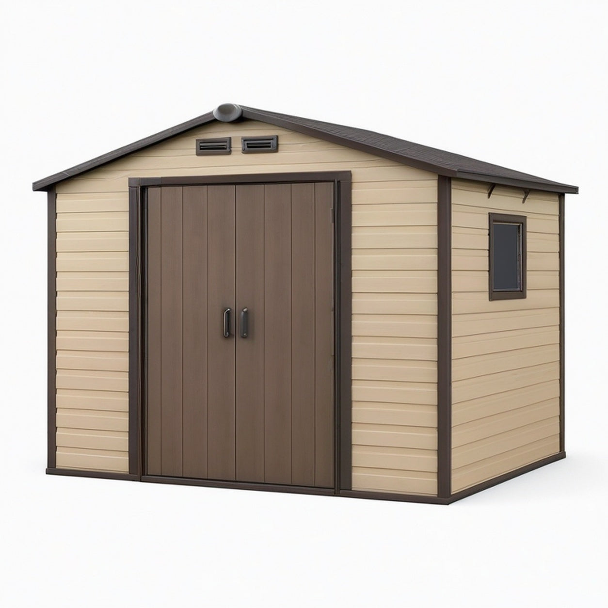Abri de jardin 230 x 185 x 200 cm en résine beige et brun avec double porte et fenêtre