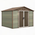 Abri de jardin 340 x 218 x 226 cm en résine vert olive et brun à double porte ventilé