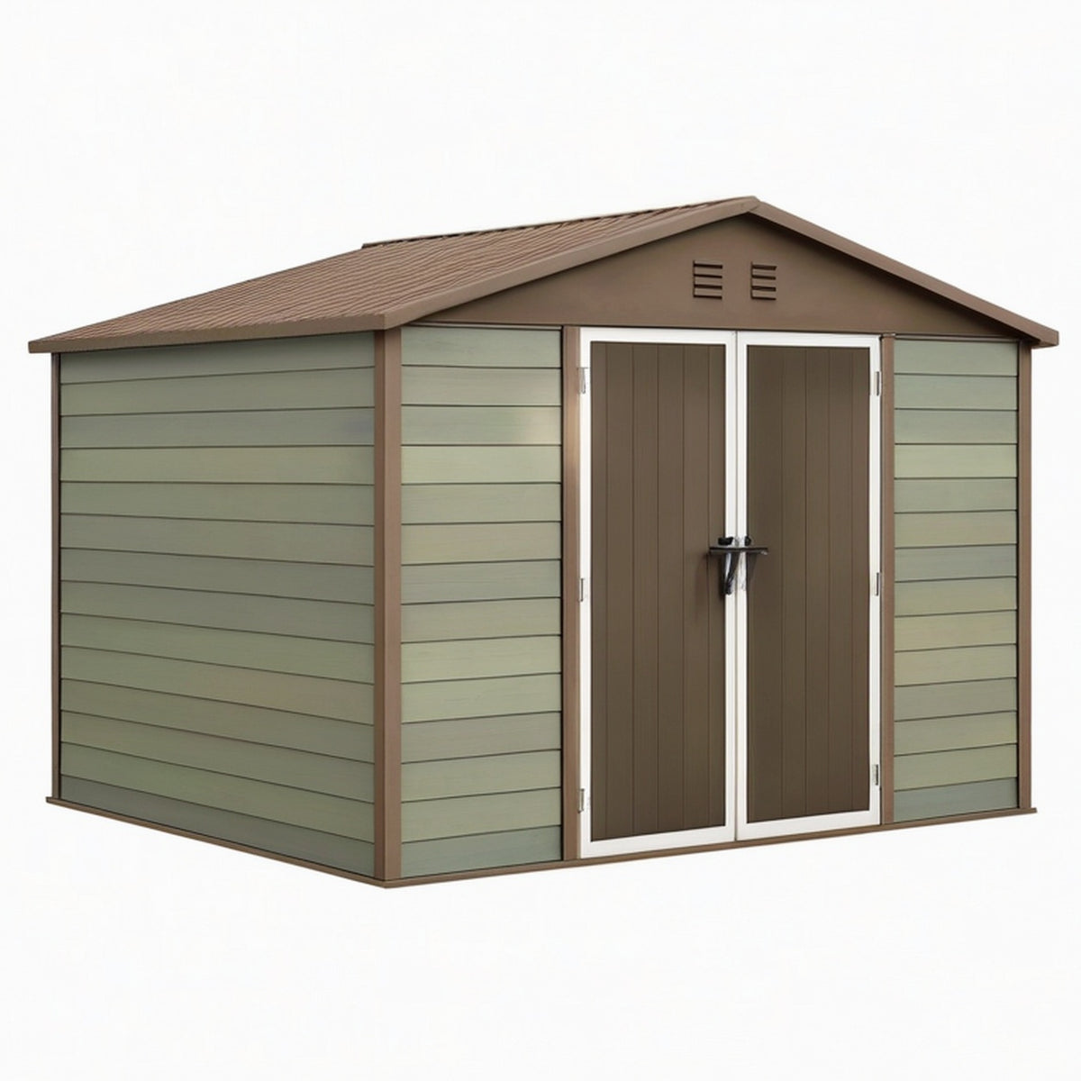 Abri de jardin 340 x 218 x 226 cm en résine vert olive et brun à double porte ventilé