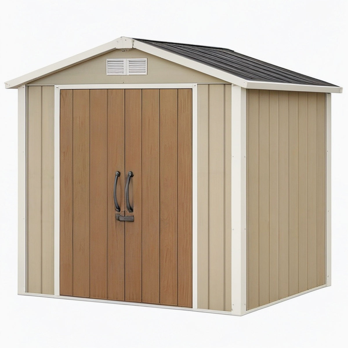 Abri de jardin 213 x 130 x 173 cm en acier beige marron avec portes doubles et ventilation