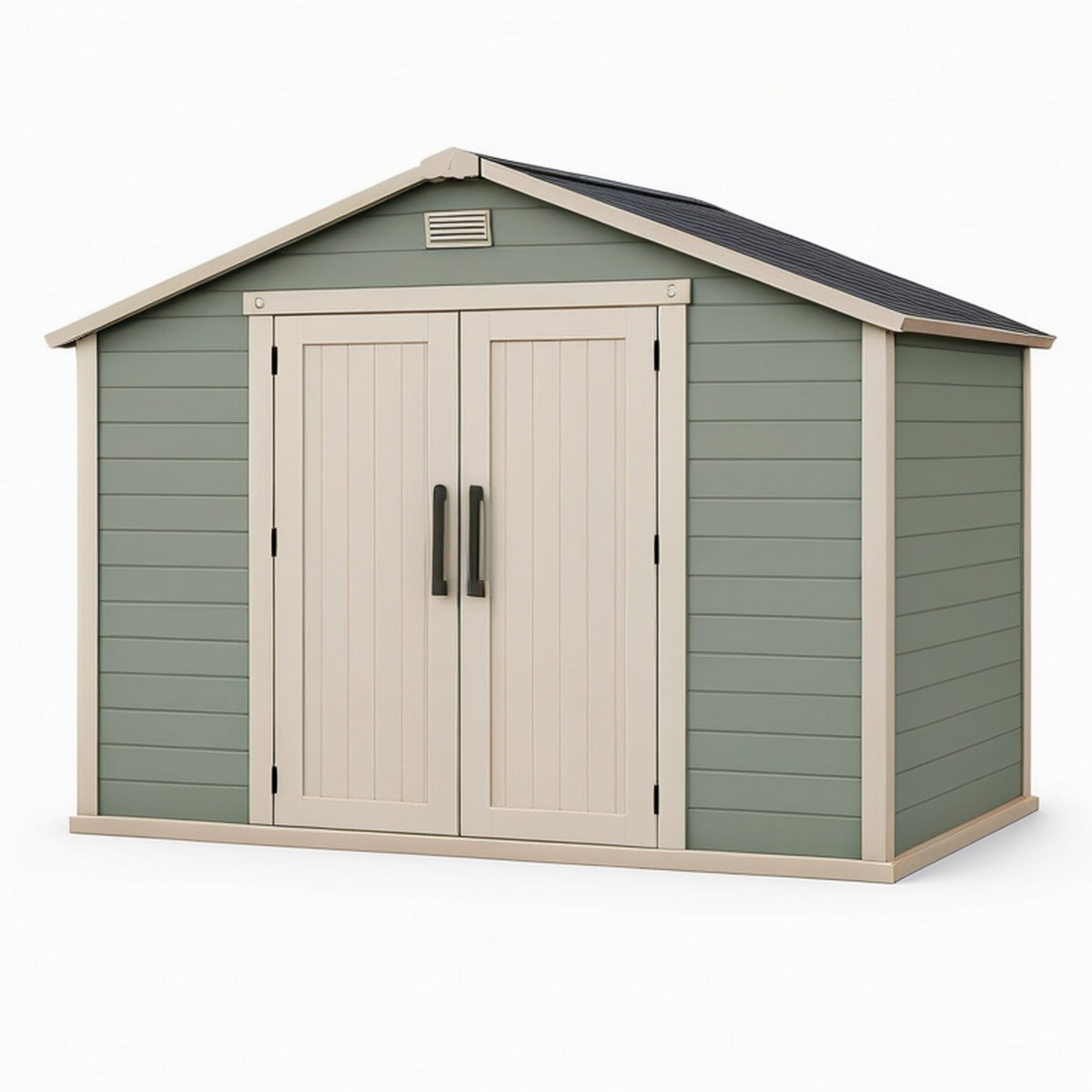 Abri de jardin 240 x 180 x 220 cm en résine vert sauge et beige avec double porte