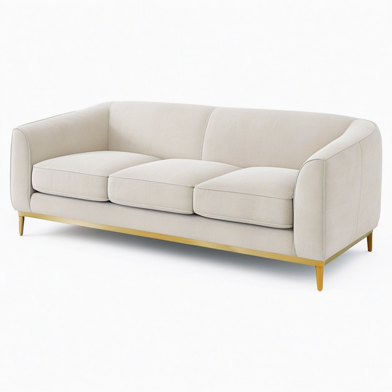 Canapé 3 places 220 cm en tissu beige avec pieds métal doré style contemporain