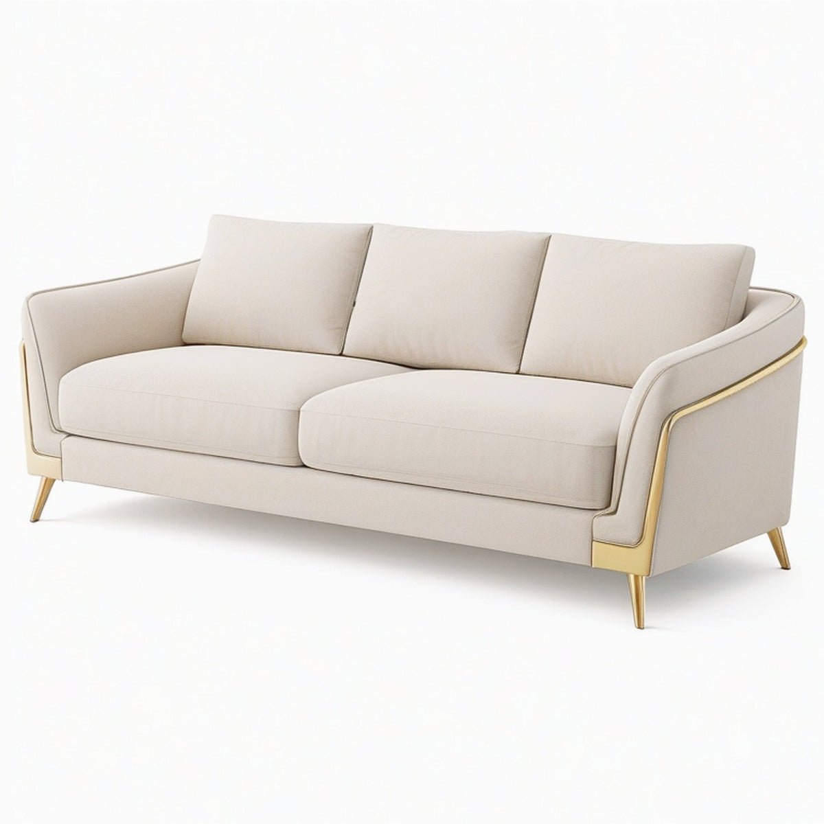 Canapé 3 places 210 cm en tissu beige avec pieds métalliques dorés style contemporain