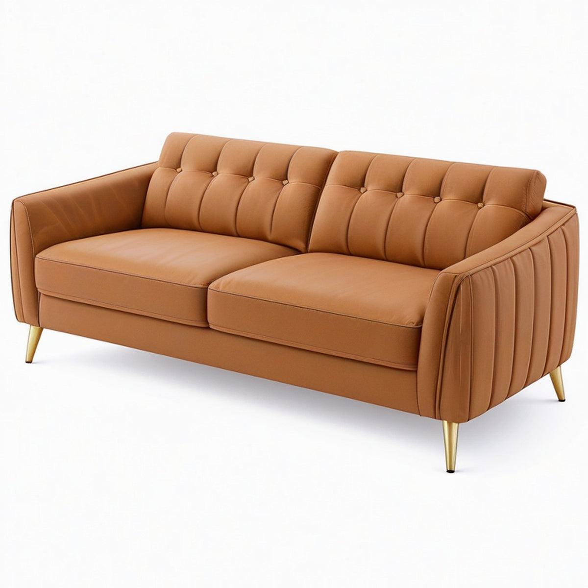 Canapé 2 places 180 cm en revêtement aspect cuir camel - capitonné style contemporain