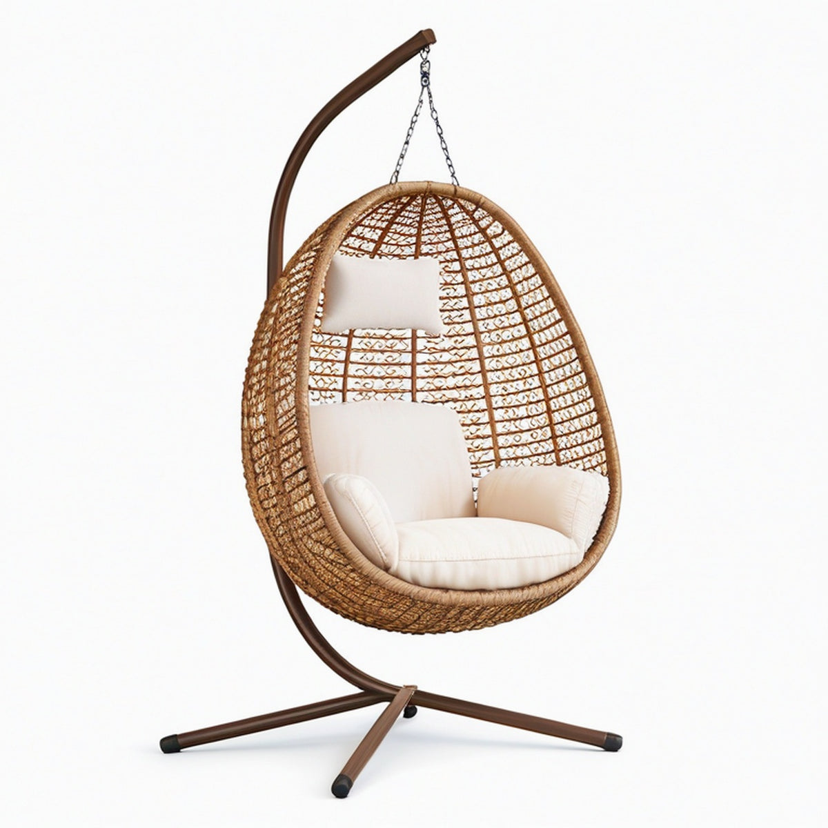 Fauteuil suspendu 105 x 105 x 195 cm en résine tressée marron avec support en acier style bohème