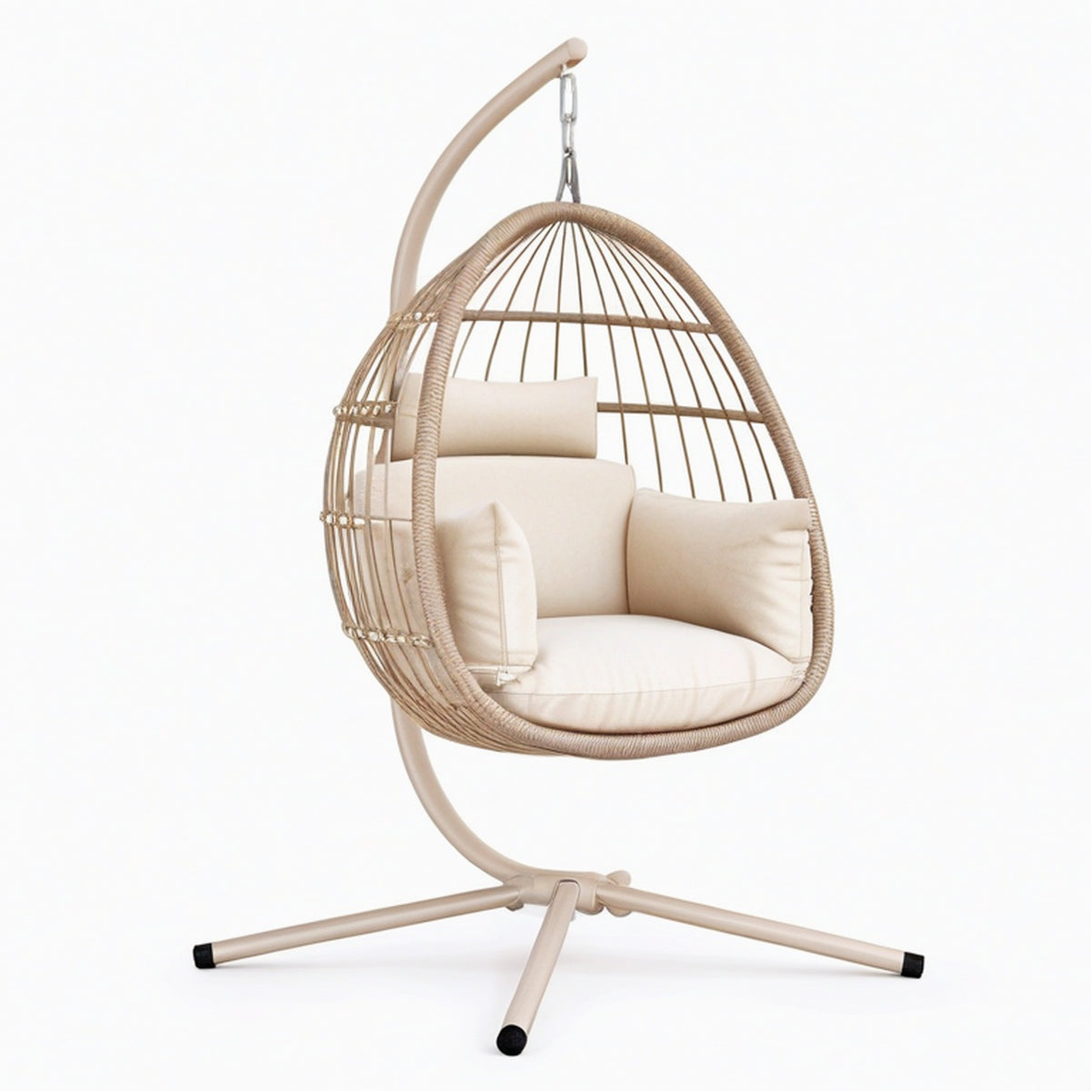 Fauteuil suspendu 105 x 105 x 195 cm en fibre tressée beige avec support métallique pour détente