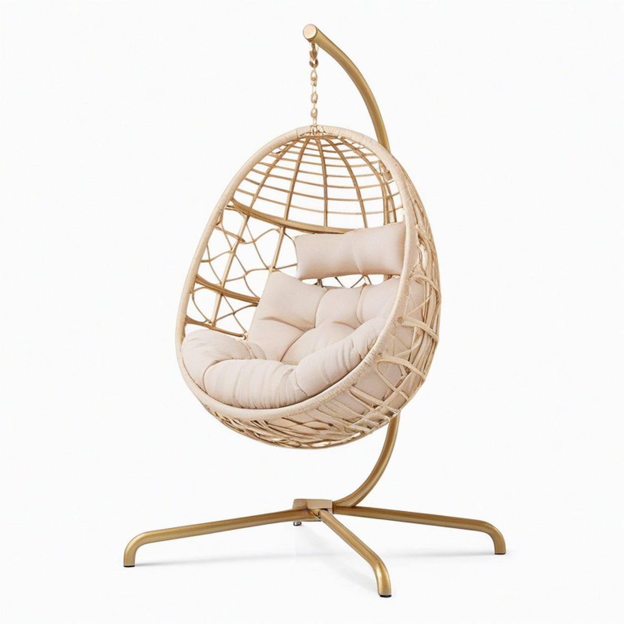 Fauteuil suspendu 105 x 105 x 195 cm en rotin beige avec support métal doré style bohème