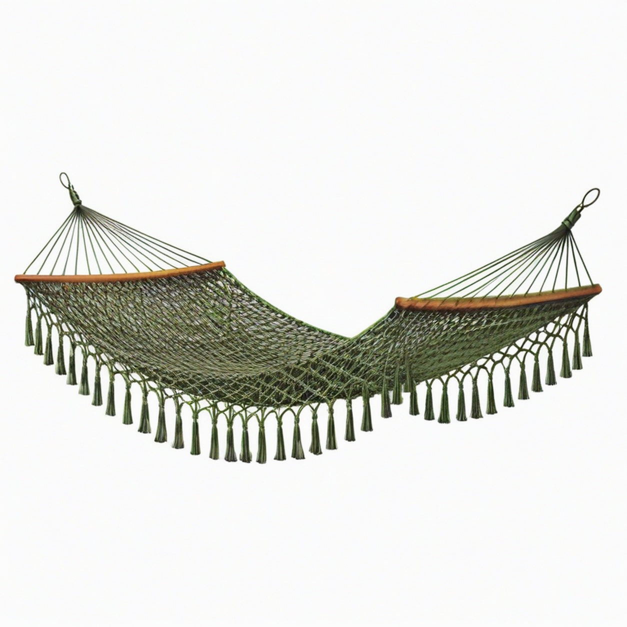 Hamac 200 x 80 cm en corde de coton vert avec barres en bois style bohème