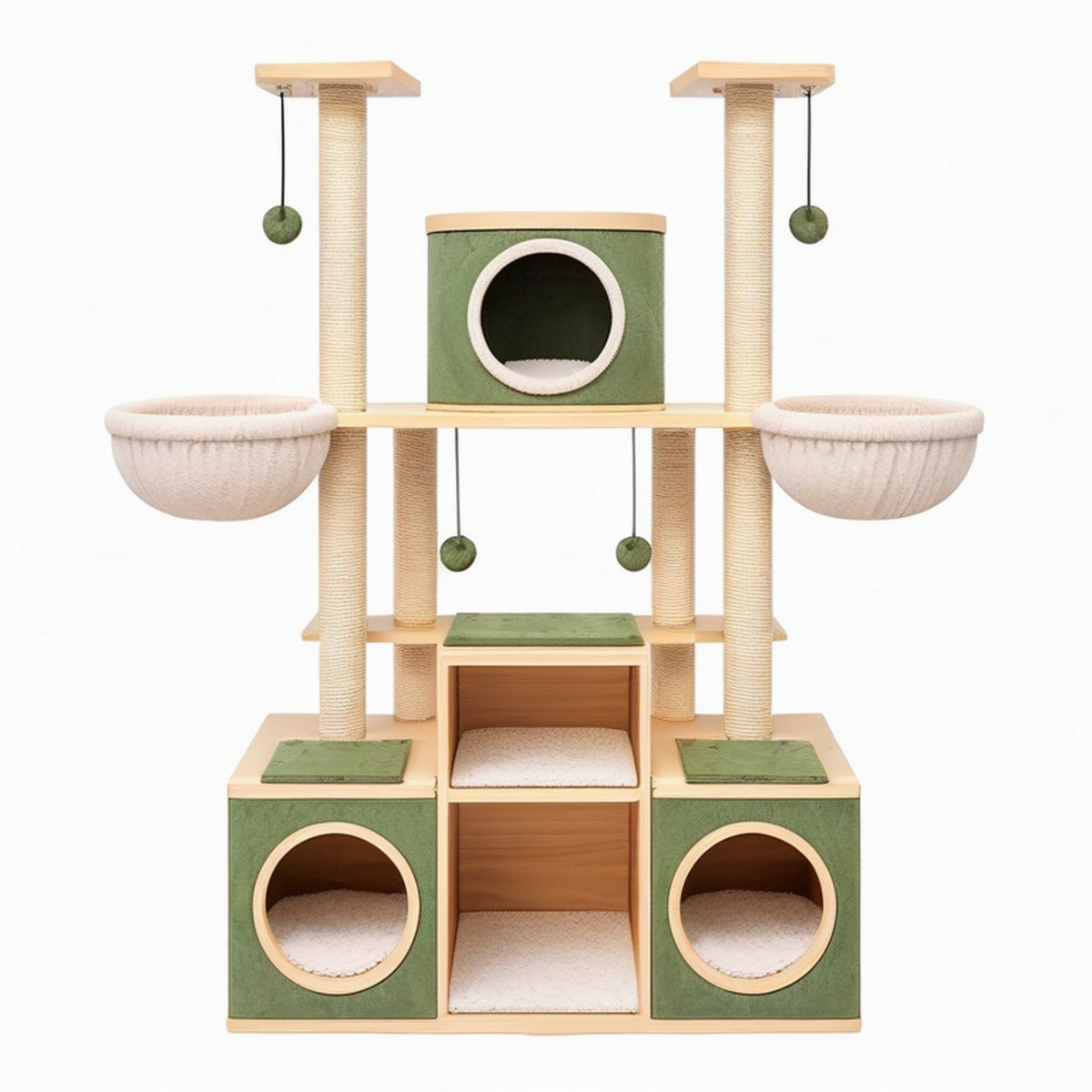 Arbre à chat 120 x 60 x 180 cm en bois vert avec griffoirs en sisal et niches