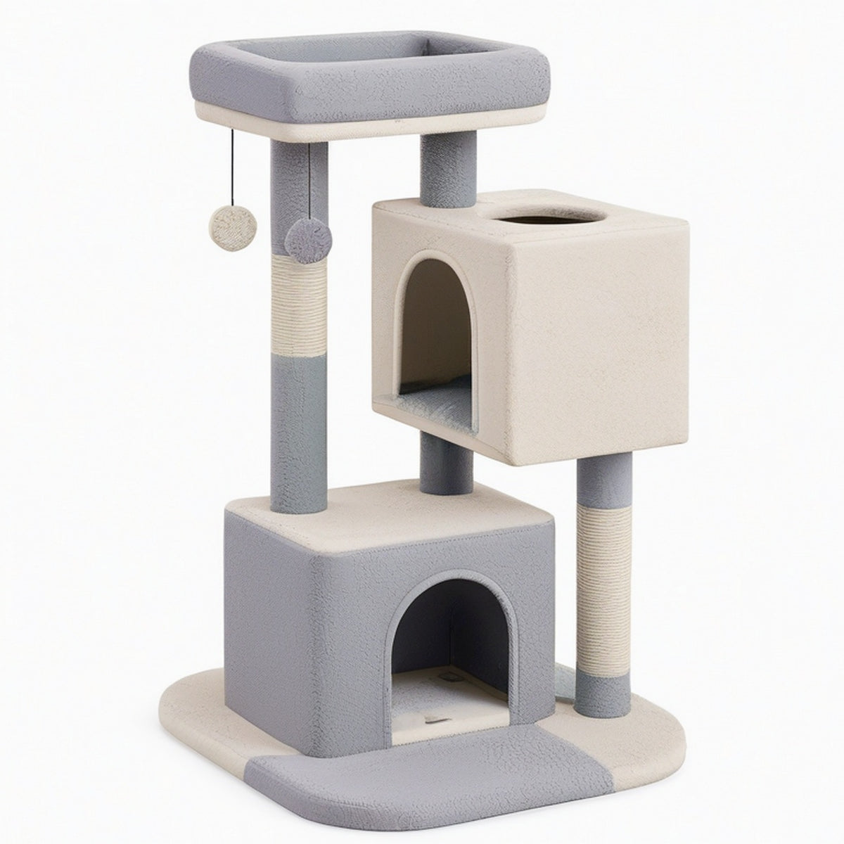 Arbre à chat 60 x 50 x 135 cm en tissu gris et beige avec griffoirs et niches