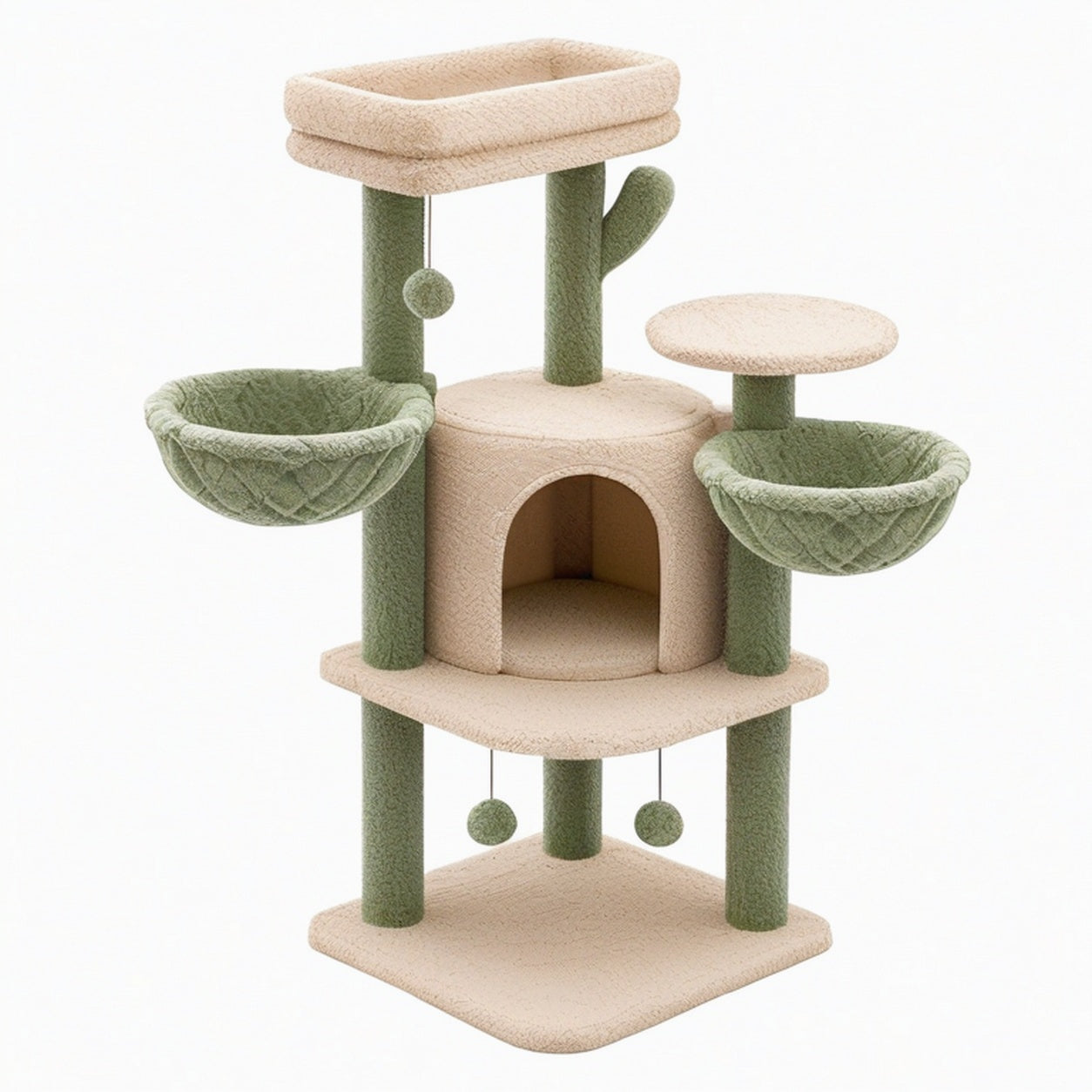 Arbre à chat 60 x 50 x 145 cm en tissu peluche beige/vert avec niches plateformes et jouets suspendus