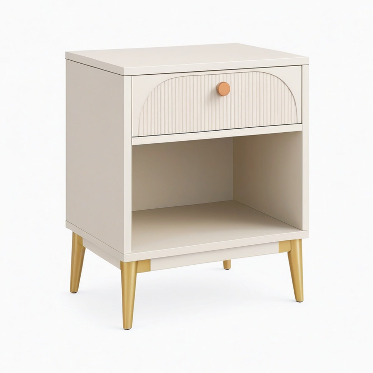 Table de chevet 45 x 40 x 60 cm en panneaux de bois blanc crème avec tiroir et niche ouverte
