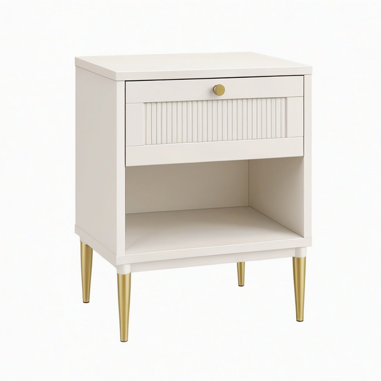 Table de chevet 45 x 40 x 60 cm en bois d'ingénierie ivoire et doré avec tiroir rangement contemporain