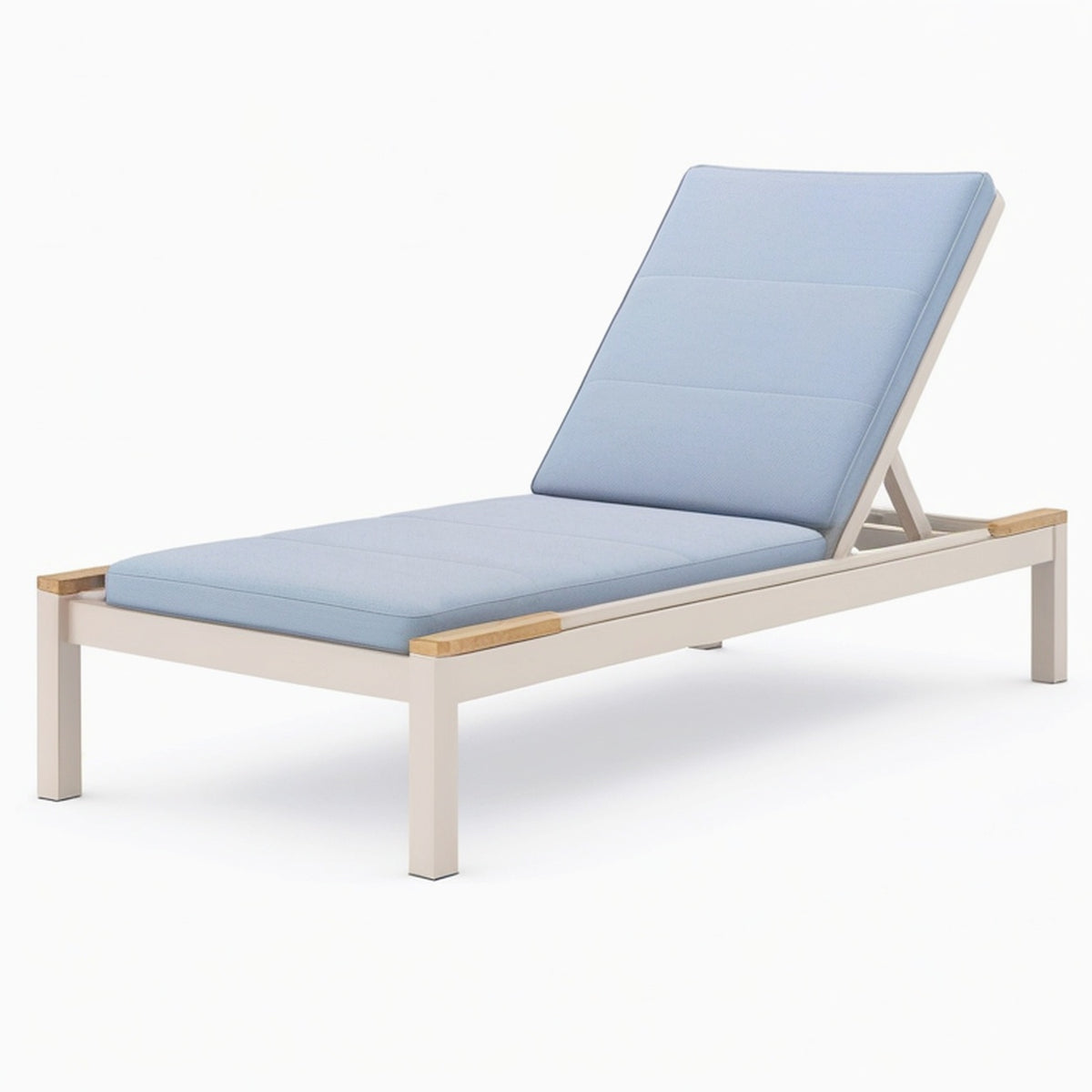 Chaise longue de jardin 200 x 70 cm en métal blanc et bois avec coussin bleu dossier réglable